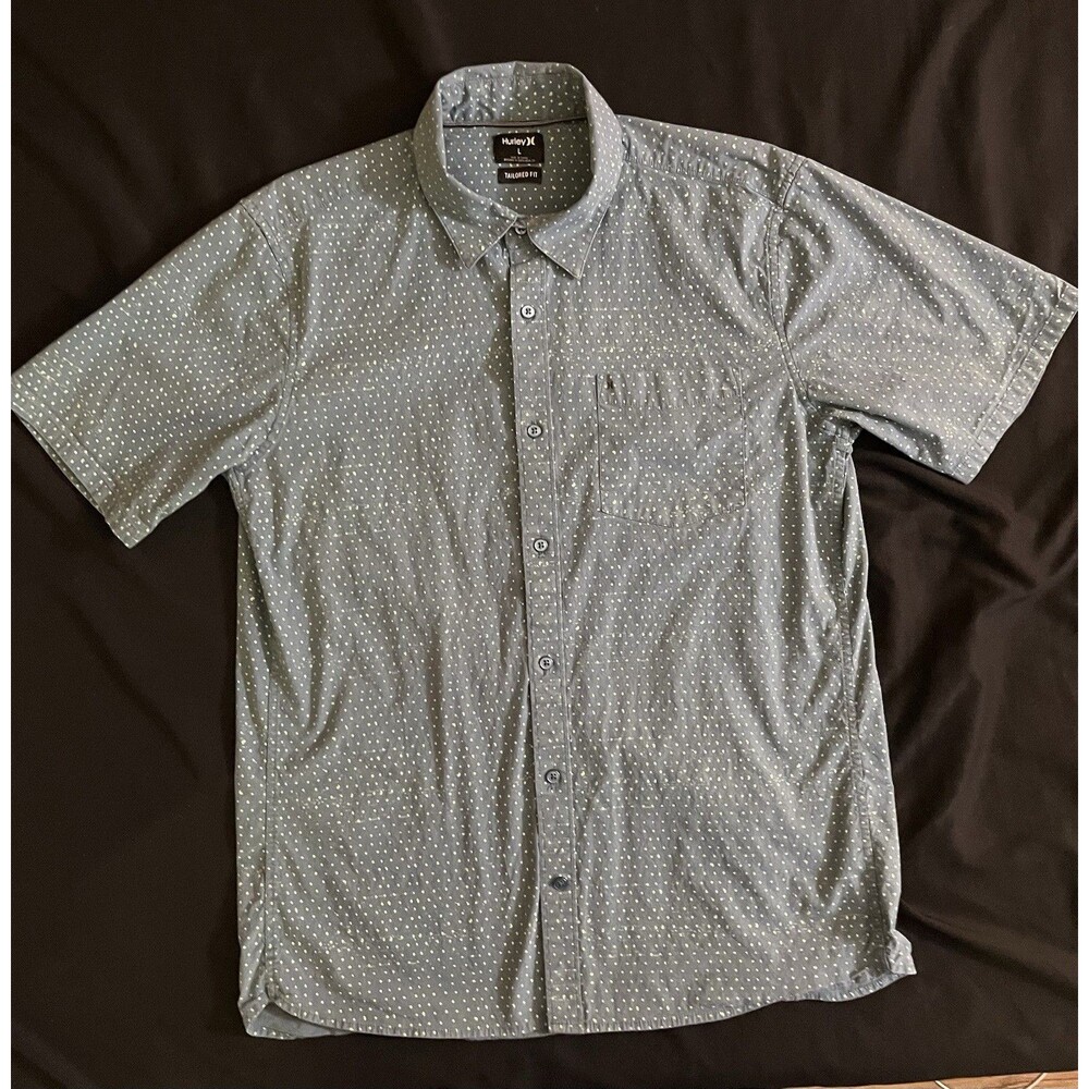 Hurley Shirt Men Large L Tailored Fit Short Sleeve Blue Green Textured Polka Dot